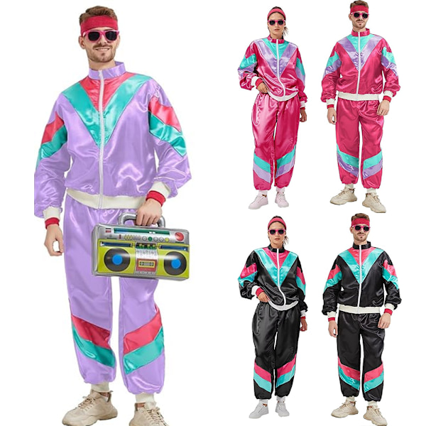 Dam 80-tals Spårjacka Retro Hip Hop Vindjacka Kvinnor Disco Spårjacka Set Färgblock En Delig Outfit Set Black Blue 2XL