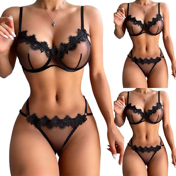 Sexiga underkläder för damer, mesh, genomskinlig ögonfransbikini & låg stringtrosa