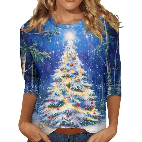 Julkläder för kvinnor, Glittrande Julgran, 3/4 Ärmar, Rundhalsad Topp, Lös Blus, Elegant & Casual, Plus Storlek, Grafisk T-shirt, Höstkläder 2024 #5 2XL