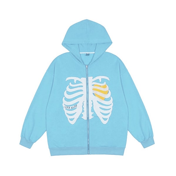 Unisex Zip Hoodies Rhinestone Skeleton Sweatshirt 90-tal Harajuku Blue S