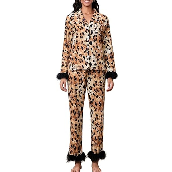 Dam Julpyjamas Set Satin Jultomte Tryck Knappar Fjäderkant Långärmad Nattkläder Pjs 2-delad Loungewear E S