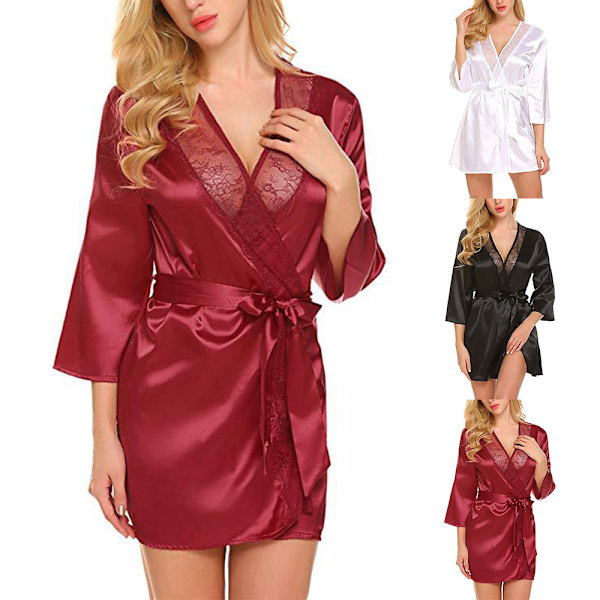Damunderkläder Satin Siden Nattkläder Damer Sexig Spets Nattlinne Omlottklänning Morgonrock Red XL