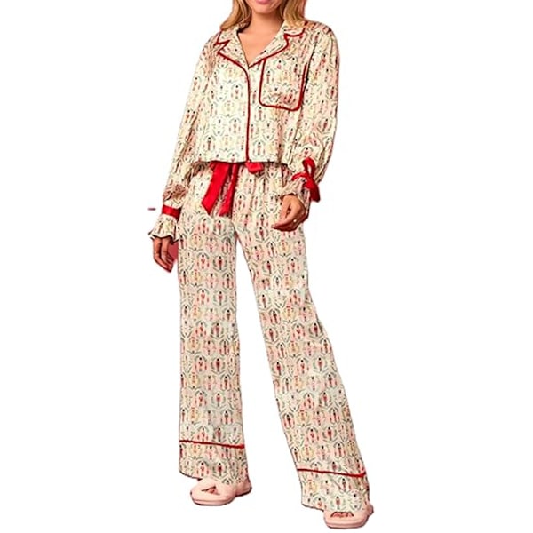 Damjulpyjamas Set med 2 delar, rosett, långärmad skjorta, byxor, nattkläder, pyjamas E M