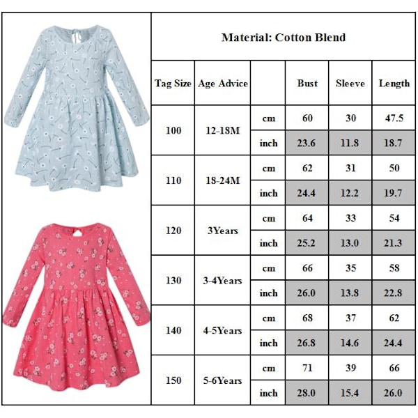 Syksy Vauva Tyttöjen Mekot Taapero Lapset Vauva Tytöt Kukkaprintti Rento A-linjainen Pyörivä Mekko Juhla Prinsessa Pitkähihainen Mekko Rose red 100cm
