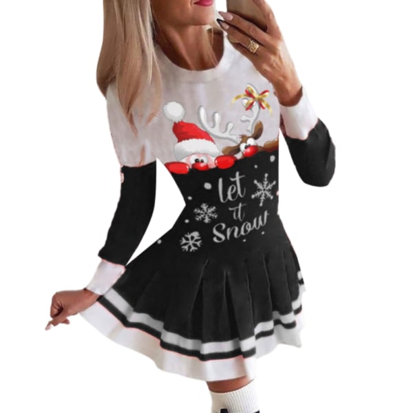 Julklänning print färgblock plisserad kjol för kvinnor black 2xl