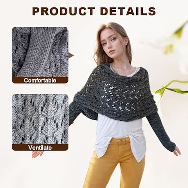 Strikket Kabel Slå-om, Trøjer til Kvinder, Strikket Slå-om Sjal, Ensfarvet Sweater Tørklæde med Ærmer Khaki