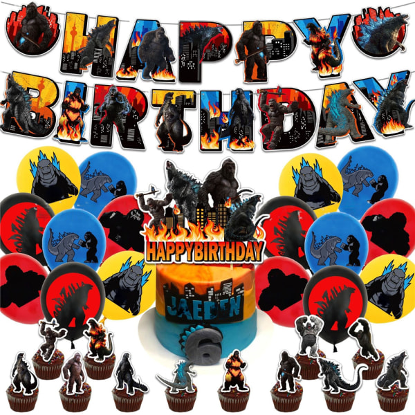 Godzilla KingKong Ballong Grattis på födelsedagen Banner Cake Topper Dekor Party Set