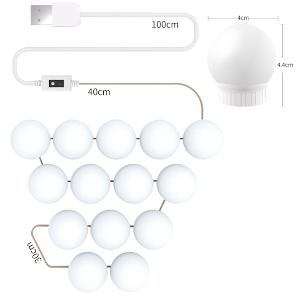 Spejllys, 14 Hollywood LED Spejllys med Sensor Switch, 3 Farver, Dæmpbart Kosmetikspejl, Fleksibel DIY LED Strip, Med USB Kabel