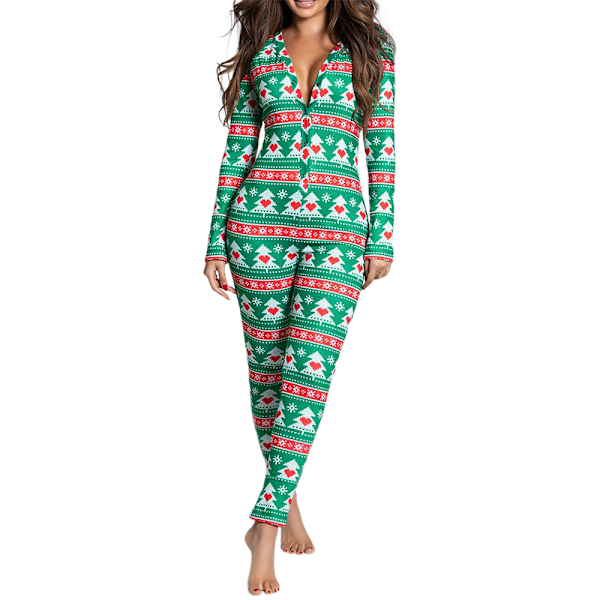 Damebukser Dame Langermet Juleprintet Jumpsuit Pyjamas Green M