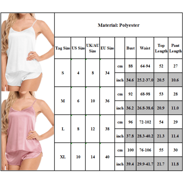 Damkostym Nattkläder Slip Camisole Topp + Shorts Silkeslen sovrum white S