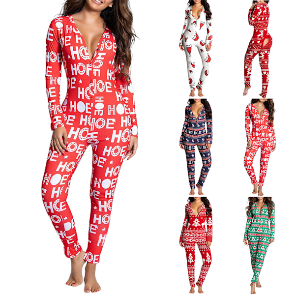 Damebukser Dame Langermet Juleprintet Jumpsuit Pyjamas Red Deer M