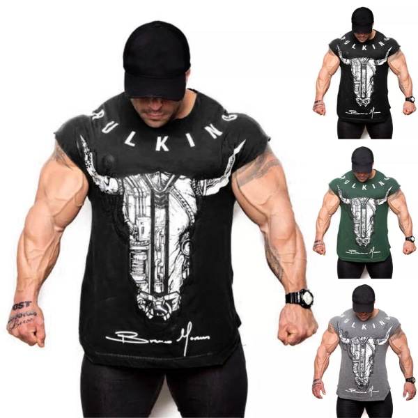 Gym Fit T-shirt för män, figursydd, tryckt, muskelpassning, träningslinne, mode-T-shirt Black 2XL