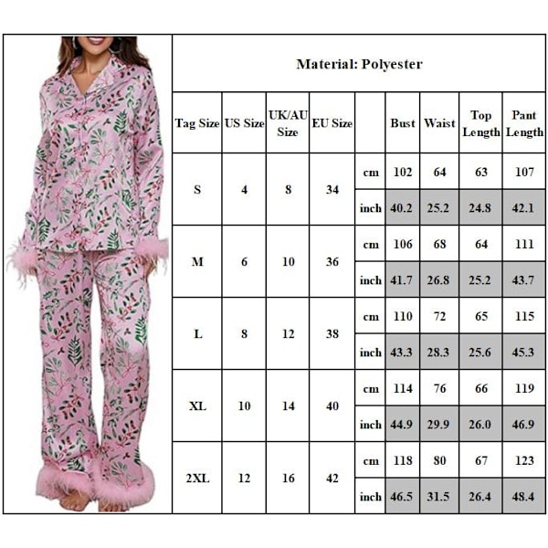 Dam Julpyjamas Set Satin Jultomte Tryck Knappar Fjäderkant Långärmad Nattkläder Pjs 2-delad Loungewear C S