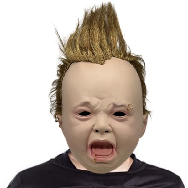 Pelottavat ja hilpeät lateksipäähineet, itkevä punk-vauva, realistinen itkevä punk-vauva uutuus Halloween-naamiaisasu lateksipää
