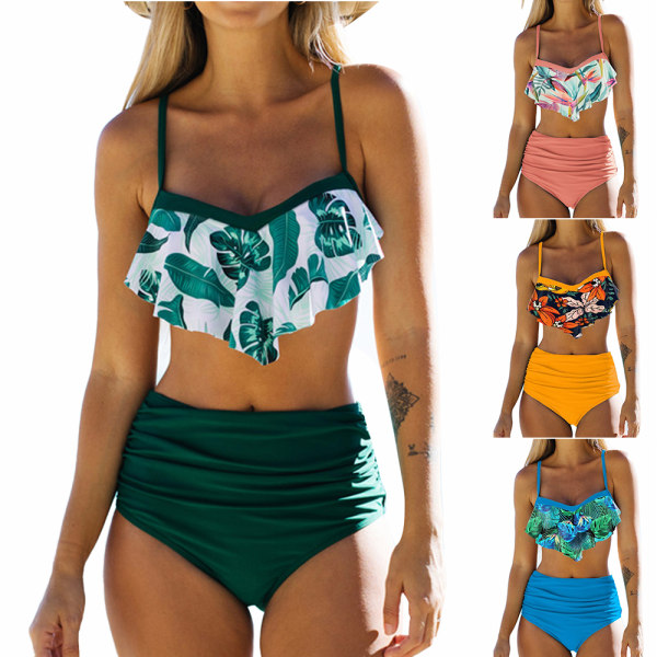 Dam Tropical Leaves Hög midja Ruched Bikini & Trosor Badkläder Green XL