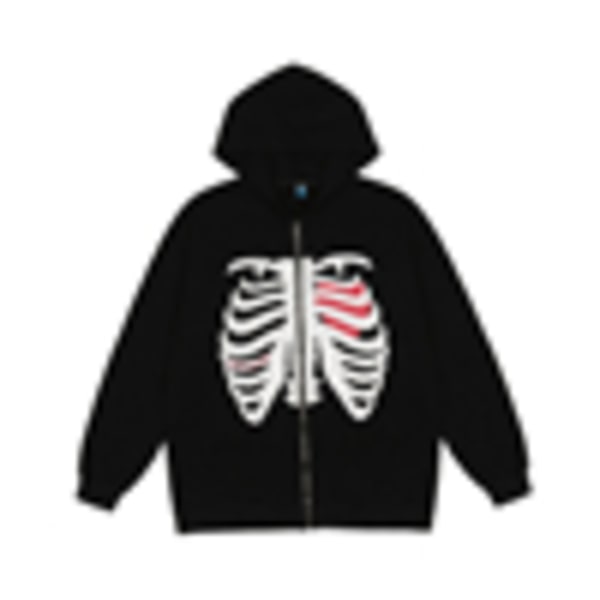 Unisex Zip Hoodies Rhinestone Skeleton Sweatshirt 90-tal Harajuku Black S