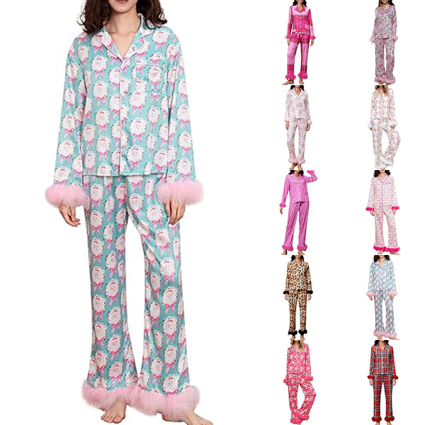 Dam Julpyjamas Set Satin Jultomte Tryck Knappar Fjäderkant Långärmad Nattkläder Pjs 2-delad Loungewear D S