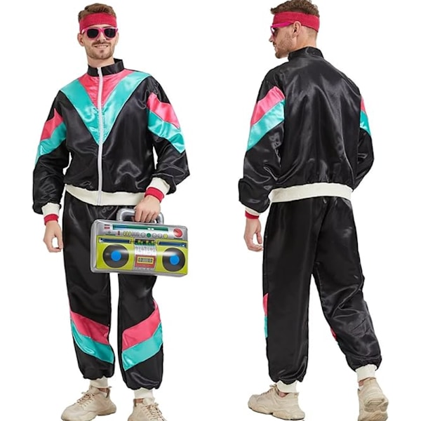 Dam 80-tals Spårjacka Retro Hip Hop Vindjacka Kvinnor Disco Spårjacka Set Färgblock En Delig Outfit Set Black Blue L