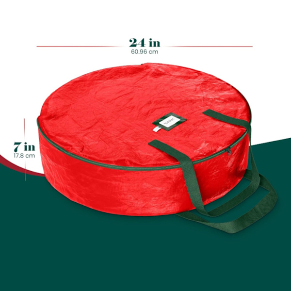 Joulukranssin säilytyskassi kestävät kahvat, kaksoisvetoketju, juhlava joulun repäisykestävä säilytysastia Red 60*18cm