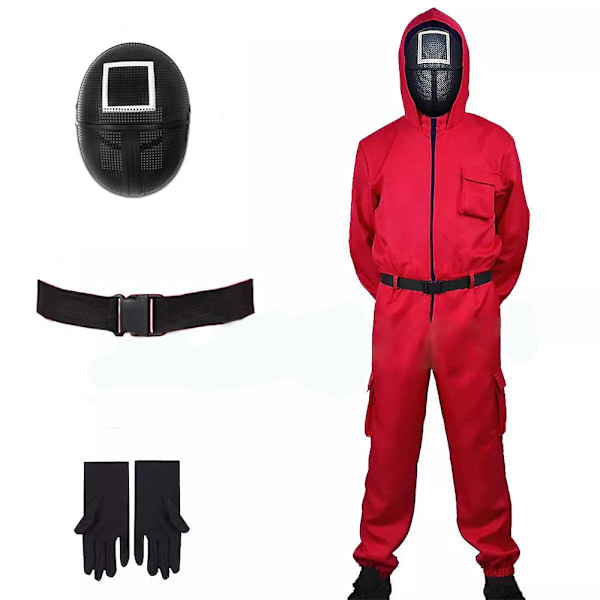 Squid Game 2 NPC-kostym Cosplay Rekvisita Jumpsuit och Bälte Outfit Maskeraddräkt Red+Square Mask XL