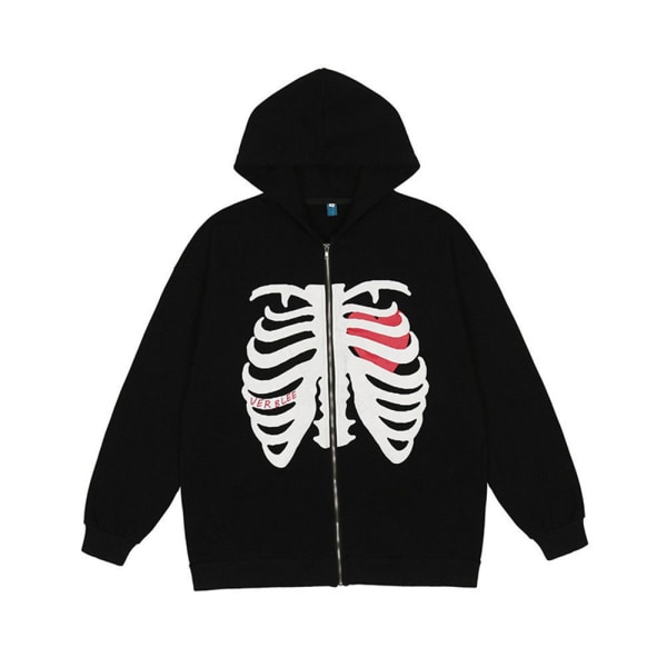 Unisex Zip Hoodies Rhinestone Skeleton Sweatshirt 90-tal Harajuku Black L