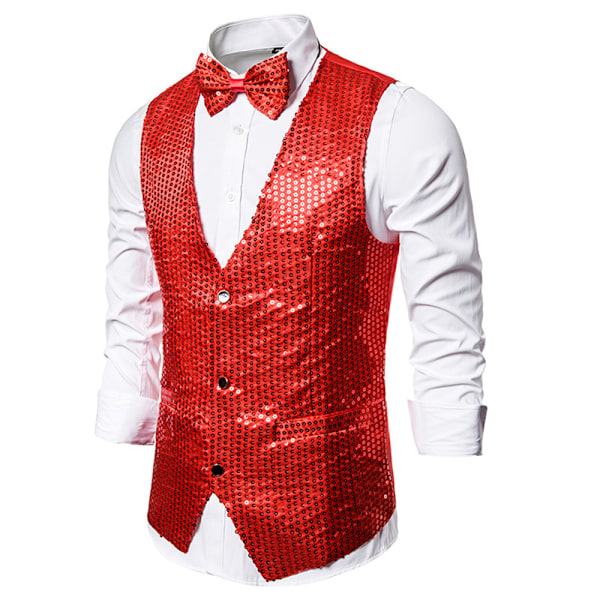Herre Sparkly Sequin Suit Vest Formel Business Casual V-hals Ærmeløs Slim Fit Enkeltknappet Smoking Vest Skinnende Vest til Bryllup Prom Red M