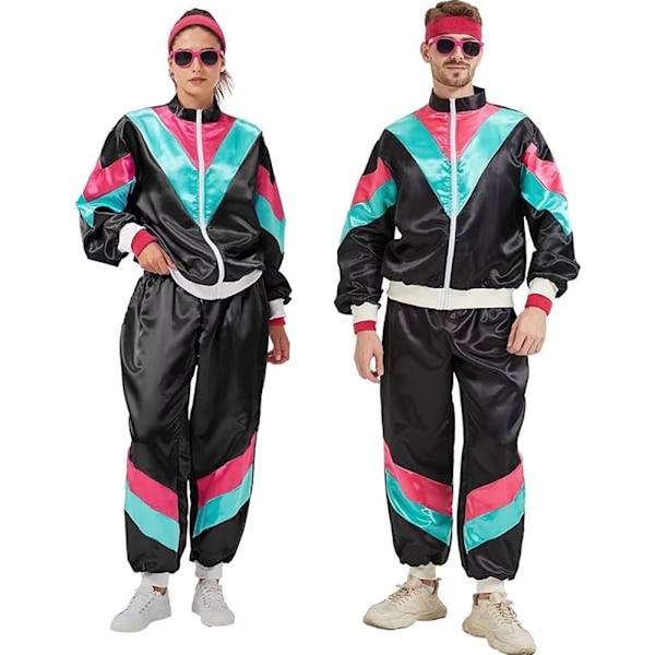 Dam 80-tals Spårjacka Retro Hip Hop Vindjacka Kvinnor Disco Spårjacka Set Färgblock En Delig Outfit Set Black Blue M