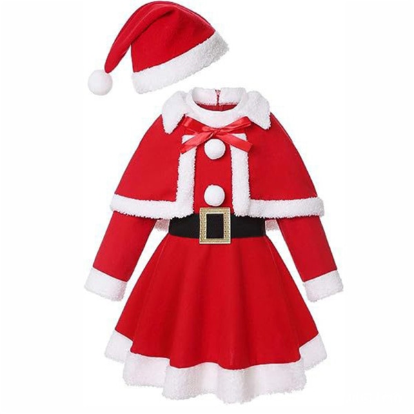 Flickor Santa Claus Hooded Swing Dress Cosplay Fancy Dress Hat Set 120CM