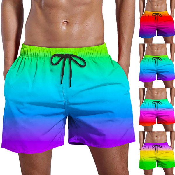 Män Ranibow Gradient Dragsko Badbyxor Shorts Summer Beach Half Pants C L