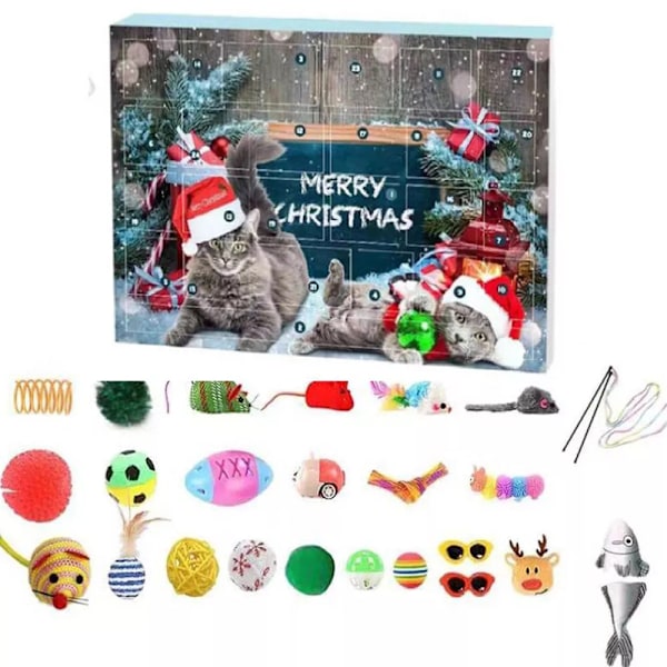 Julekalender Nedtælling 24 stk. Kattelegetøj Fjerdrillepind og Boldklokker Blind Box