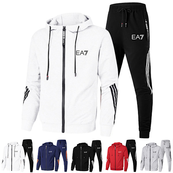 Män Helzippade Tryckt Hoodie Jacka Långa Sweatpants Joggers Sport Gym Tracksuit Set White M