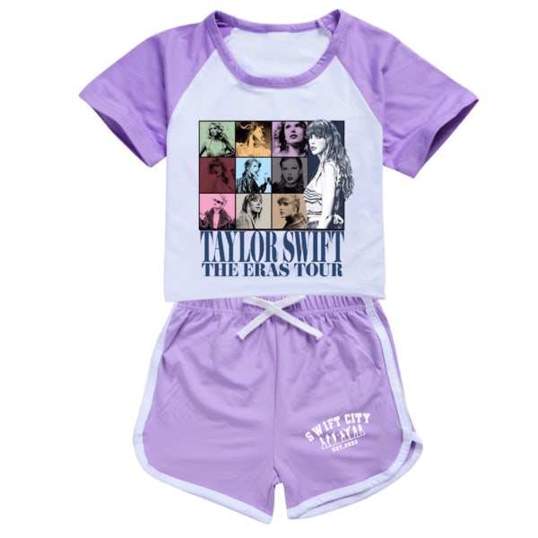Barn Flickor Singer Taylor Print T-shirt Casual Shorts Set Sommar Toppar Bottom Set Purple 150cm