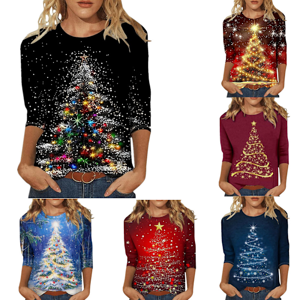 Julkläder för kvinnor, Glittrande Julgran, 3/4 Ärmar, Rundhalsad Topp, Lös Blus, Elegant & Casual, Plus Storlek, Grafisk T-shirt, Höstkläder 2024 #2 2XL