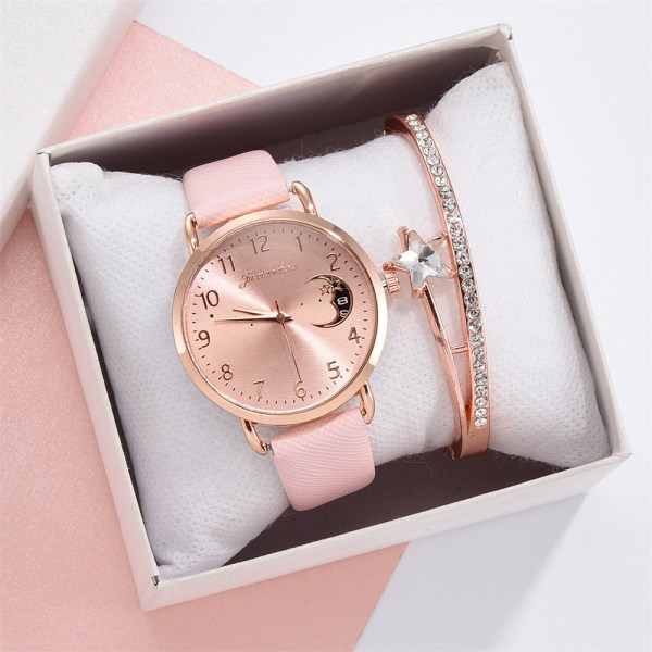 Dam Star Moon Quartz watch & set med diamanter Pink + Bracelet