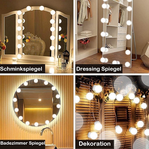 Spejllys, 14 Hollywood LED Spejllys med Sensor Switch, 3 Farver, Dæmpbart Kosmetikspejl, Fleksibel DIY LED Strip, Med USB Kabel