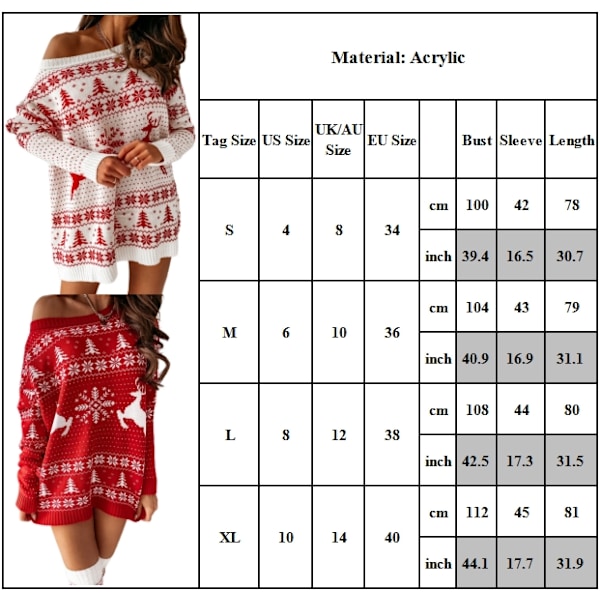 Dame Juleprint Langærmet Strikket Sweater Kjole Elg Print Strikket Langærmet Kjoler Jul Stræk Sweatre Midi Kjole Rød White XL