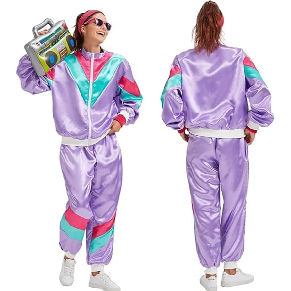 Dam 80-tals Spårjacka Retro Hip Hop Vindjacka Kvinnor Disco Spårjacka Set Färgblock En Delig Outfit Set Purple L