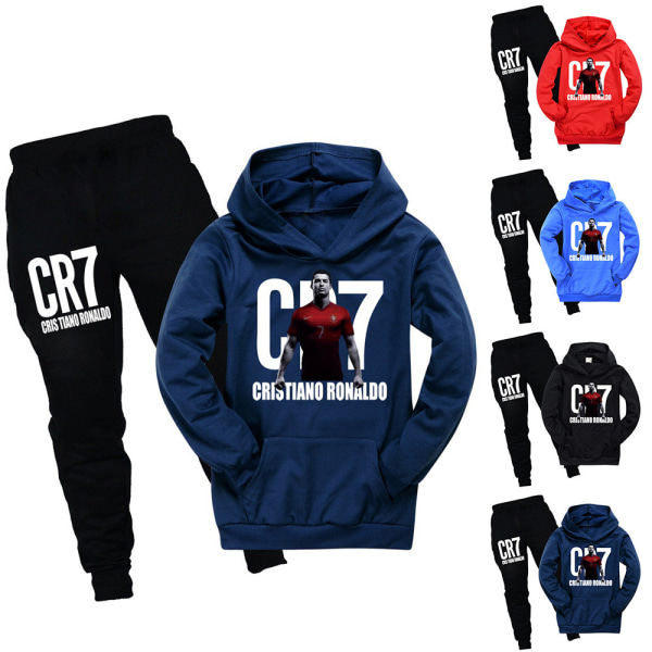 CR7 Barn Pojkar Flickor Luvtröja Huvtröja Sweatshirt Byxor Träningsoverall Set Present Navy blue 130cm