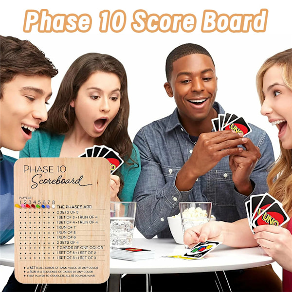 Phase 10 Pistetaulukot 8 Värillisellä Tapilla, 2025 Puinen Phase 10 Pistetaulu ja Kierroslaskuri, Klassiset Perhe- ja Aikuisten Korttipelit