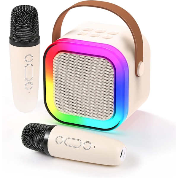 Minikaraoke för barn, färgglad LED bärbar Bluetooth-högtalare med 2 trådlösa mikrofoner, 4-12 år gamla barns julklapp White