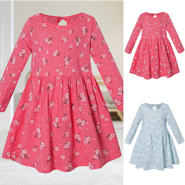 Syksy Vauva Tyttöjen Mekot Taapero Lapset Vauva Tytöt Kukkaprintti Rento A-linjainen Pyörivä Mekko Juhla Prinsessa Pitkähihainen Mekko Rose red 100cm