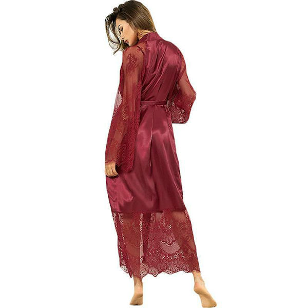Sexet lingeri til damer, blonde, langærmet cardigan-natkjole med snøre Wine Red 2XL