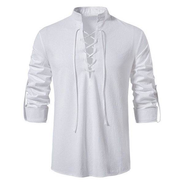 Herre Casual Bomuld Linned Skjorter Kortærmet Snøre Hippie Strandskjorte White L