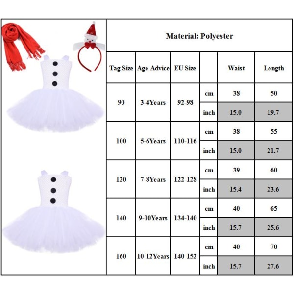 3-delat Set Vit Snögubbe Tutu Klänning Hårband + Halsduk Julset 140CM