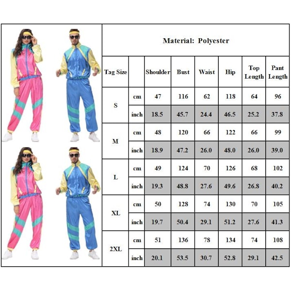 Dam- och Herr 80-tals Disco Tracksuit Vindjacka Byxor Hippie Kostymer Par Matchande Kläder Halloween Cosplay Kläder Blue M