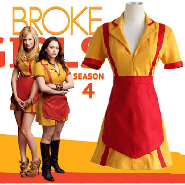 FL 2 Broke Girls Kostym, Kvinnors Servitris Kostym, Karnevalskostym 2 Broke Girls, med Broke Girls Hjärta Papagai Kedja, Förkläde, Karnevalskostym Kvinnor 2XL