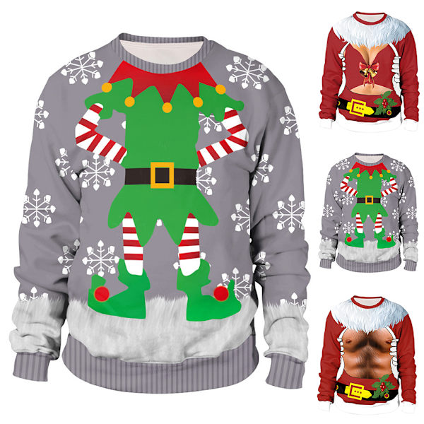 Ruma jouluneule hauska 3D-kuvioitu pitkähihainen pusero naisille ja miehille C 2XL