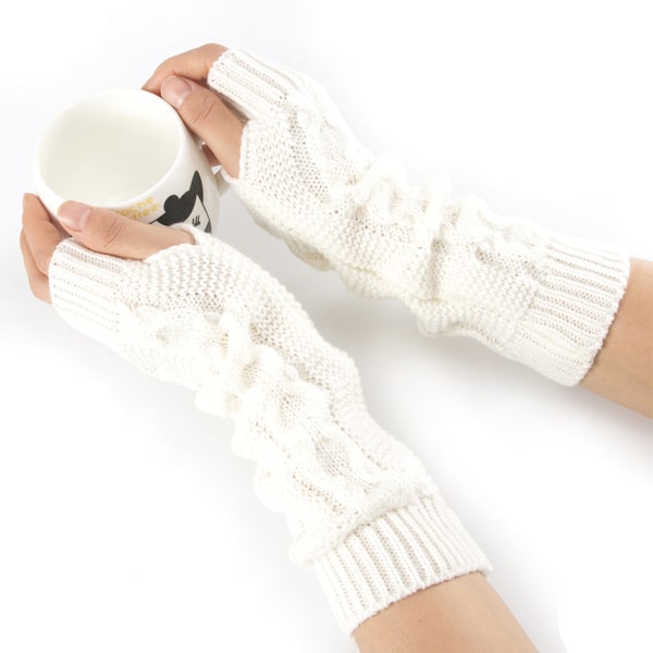 Stickade vantar för kvinnor Armvärmare Fingerless Stretchy Handskar White