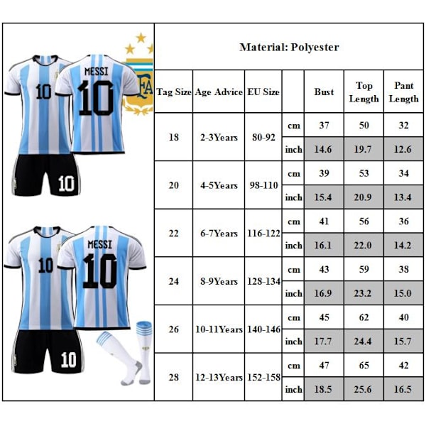 22-23 VM Argentina Trøjer til Børn Fodboldtrøjesæt #10 MESSI Fodboldtræningsuniformer 18