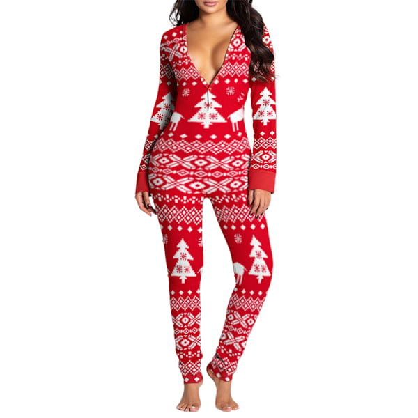 Damebukser Dame Langermet Juleprintet Jumpsuit Pyjamas Red Deer L